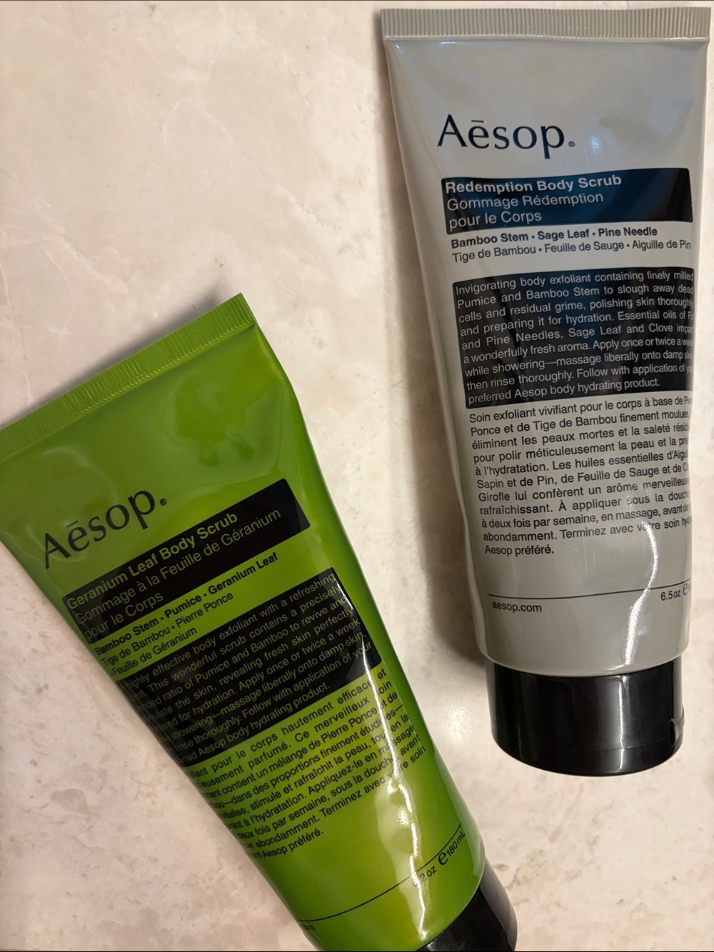 Set of AESOP Exfoliating scrub body wash includes REDEMPTION and GERANIUM